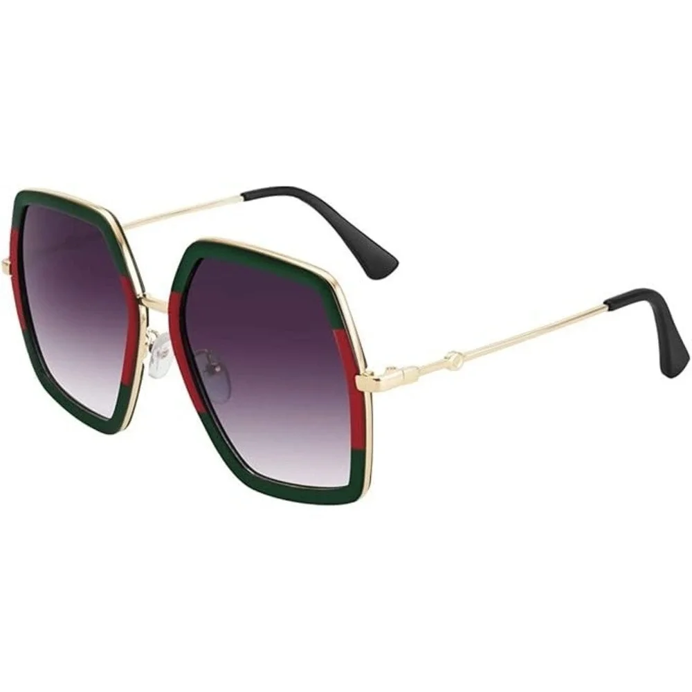 Women Oversized Hexagonal Sunglasses Green Red Stripe Gold Frame UV400 Gradient‎